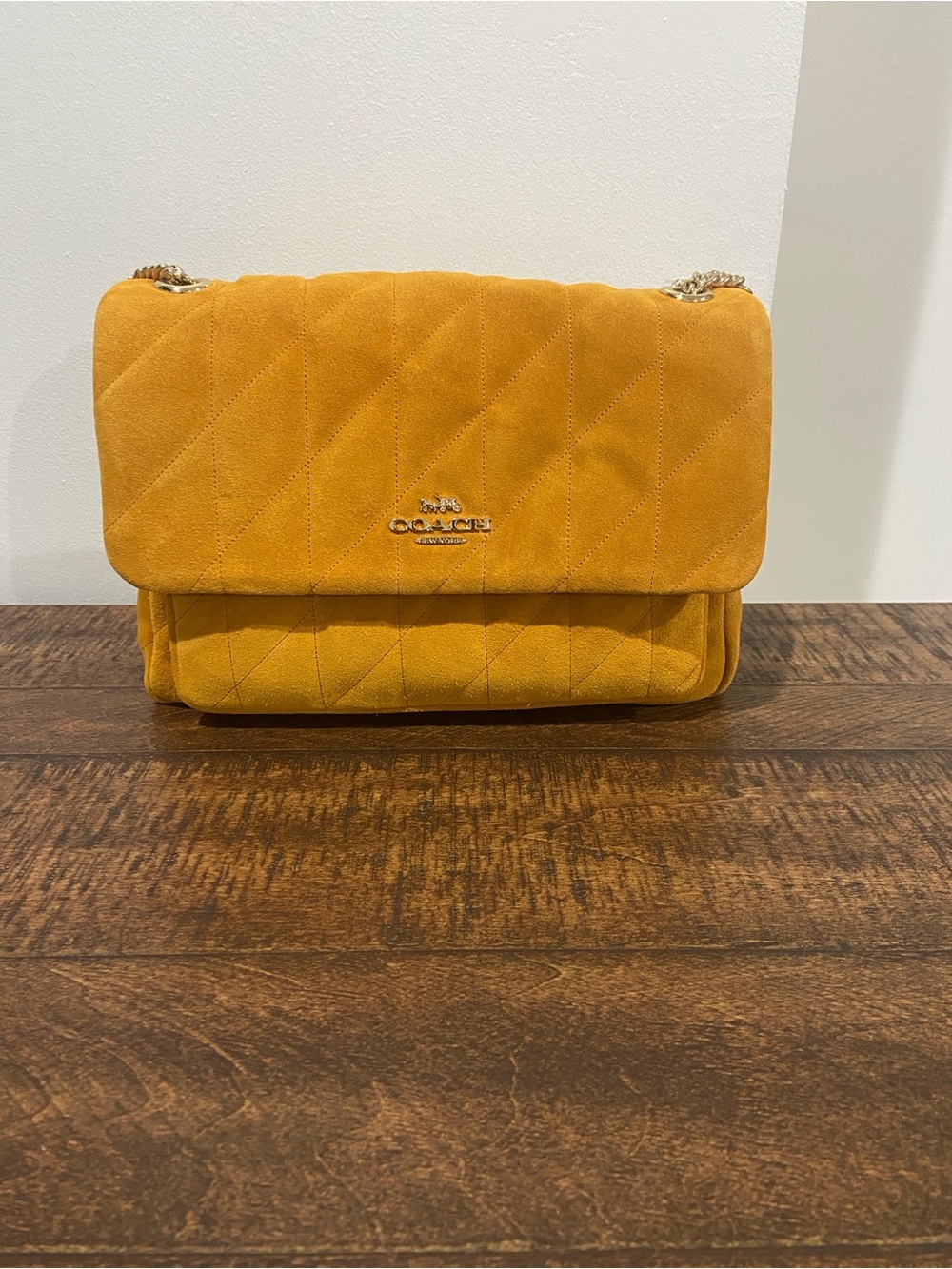 Coach Quilted Elodie Chain Shoulder Crossbody Bag- Marigold Suede